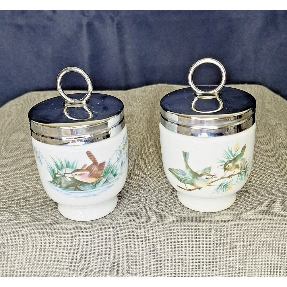 2 Vintage Royal Worcester England Porcelain Finch Wren Birds Egg Coddlers EUC